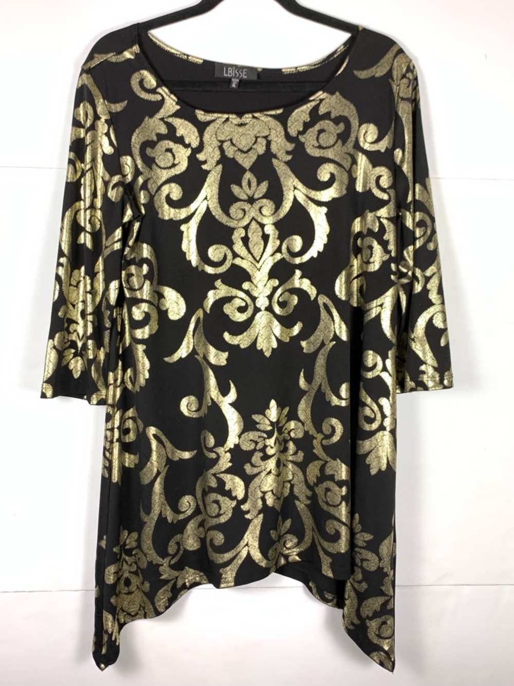 LBISSE Tunic Top XL Black Gold Baroque Metallic 3/4 Sleeve Handkerchief Hem - Picture 14 of 14